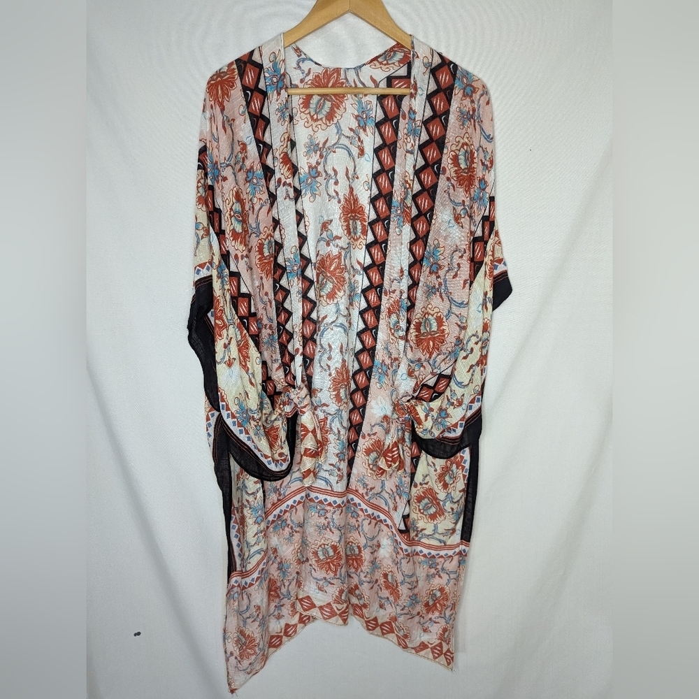 Dark Red and Blue Floral Aztec Print Kimono One Size